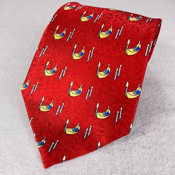 Vintage 100% SETA Silk Venetian Gondola Pattern Tie Red 4" Classic Italian Retro - Picture 1 of 6